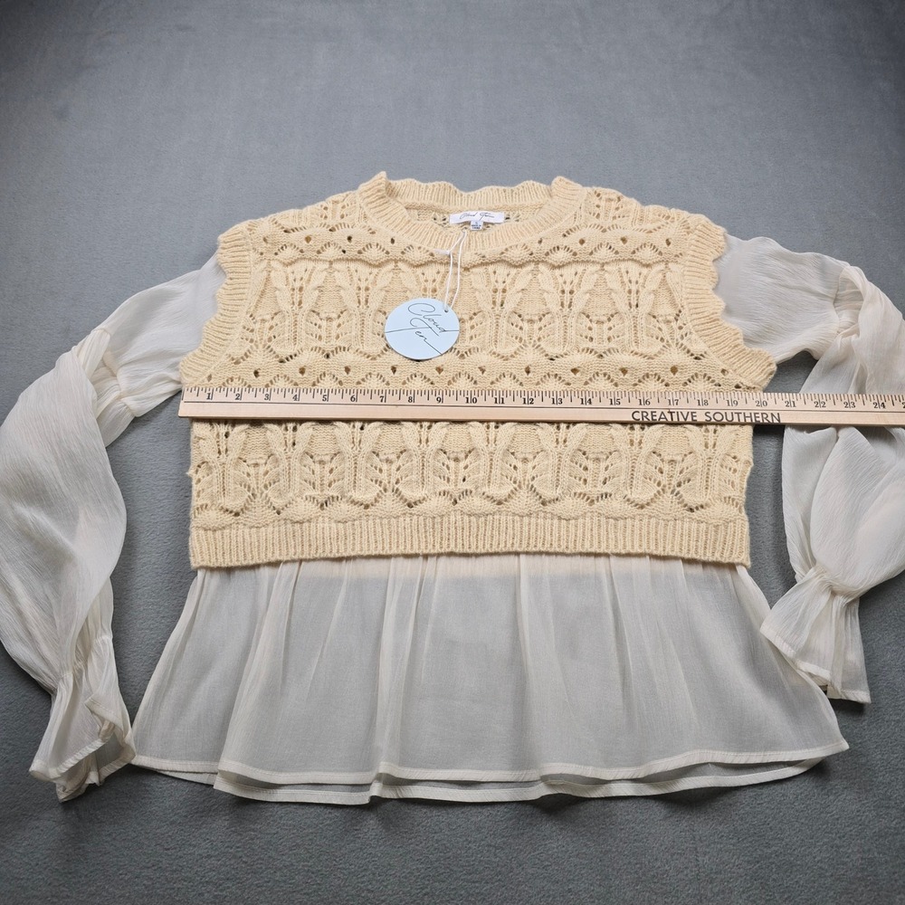 Cloud Ten Womens Mixed Media Knit Sweater Top Cream White CSW11746A Small NWT - Picture 3 of 8